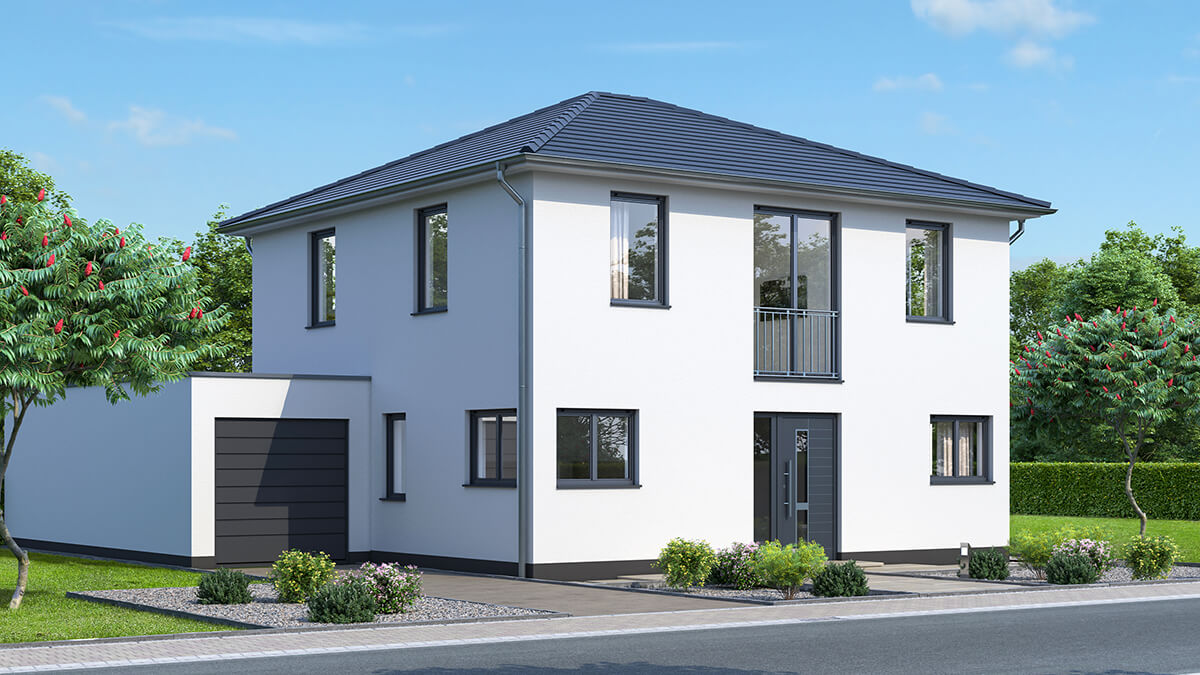 Stadtvilla mit Arbeitszimmer, offener Küche und Garage - Blick von der Straße