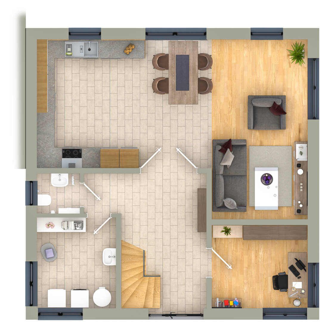 Stadtvilla Erdgeschoss mit großem Küchenbereich und Verbindung zum Wohnzimmer