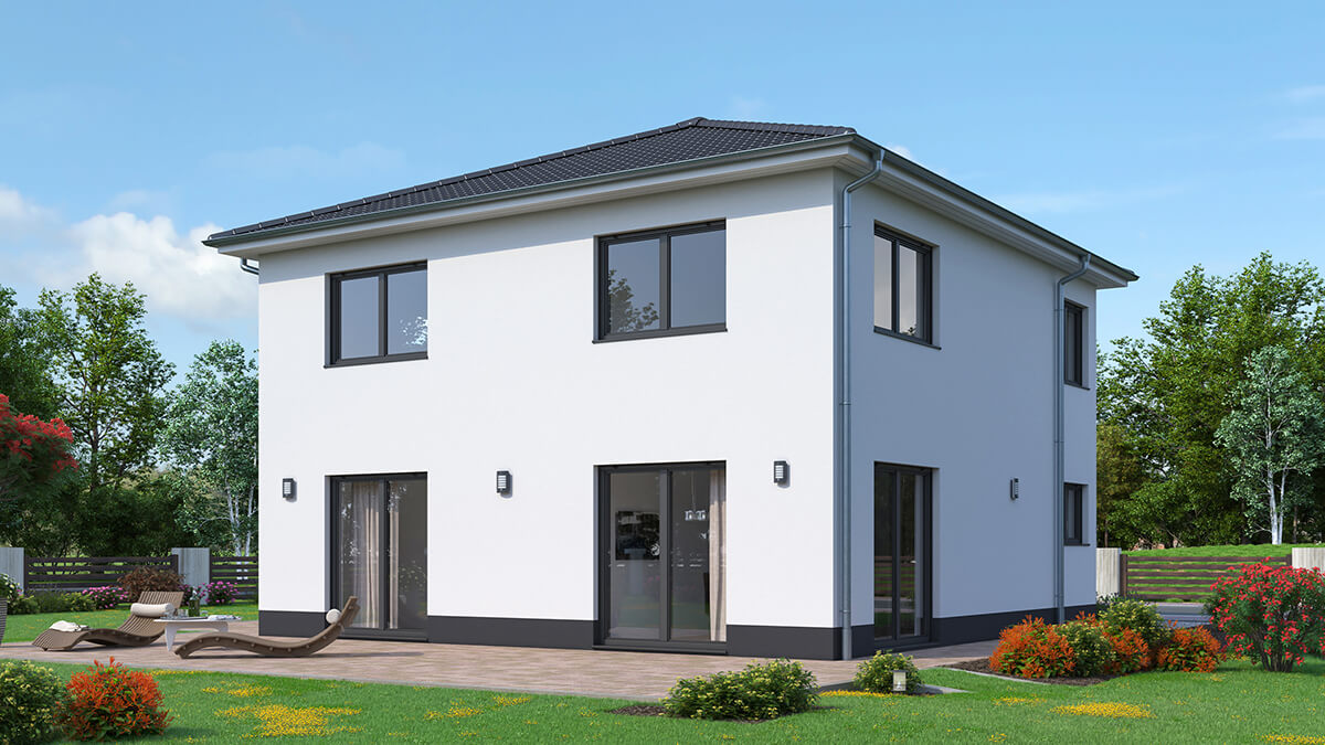 Helle Stadtvilla mit großen Fenstern - Blick vom Garten