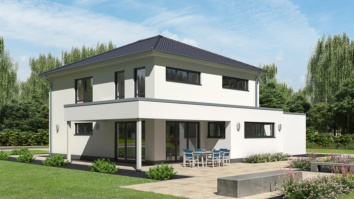 Massivhaus mit offener Küche und Speisekammer - Blick vom Garten