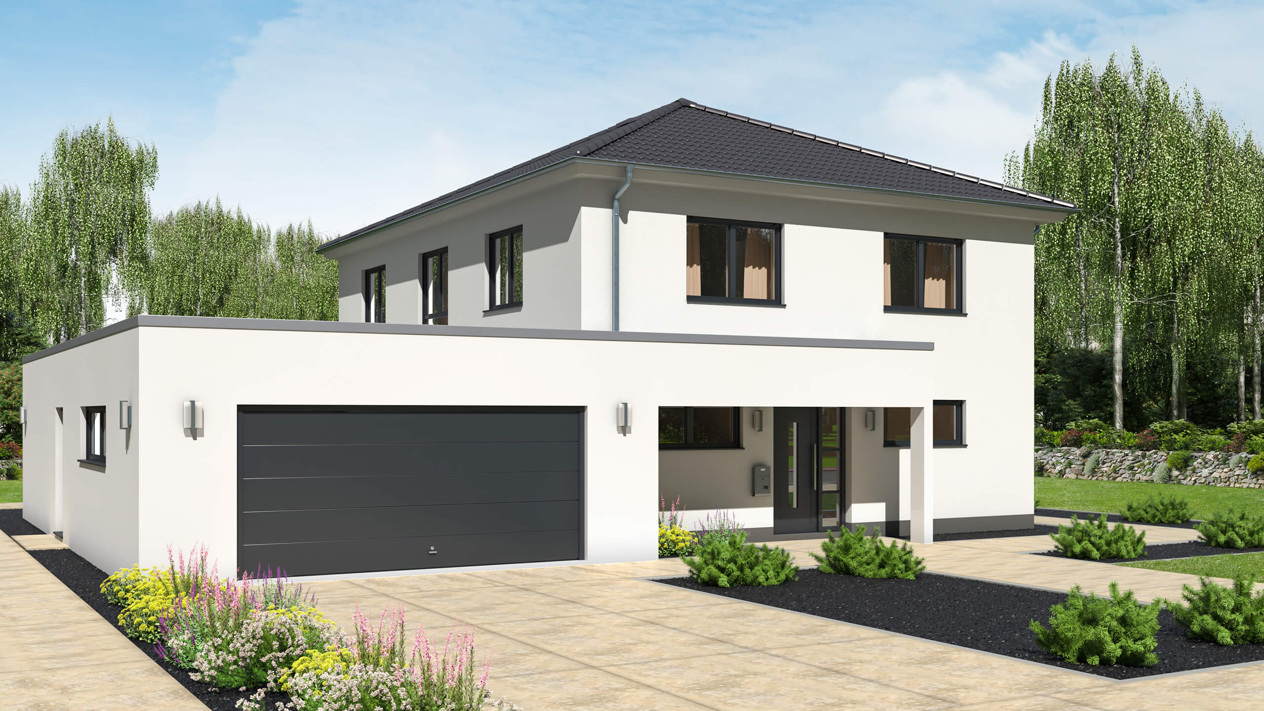 Massivhaus mit offener Küche und Speisekammer - Blick vom Garten