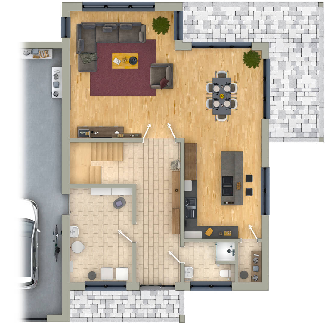 Erdgeschoss Stadtvilla: Offene Küche mit Kochinsel und Speisekammer