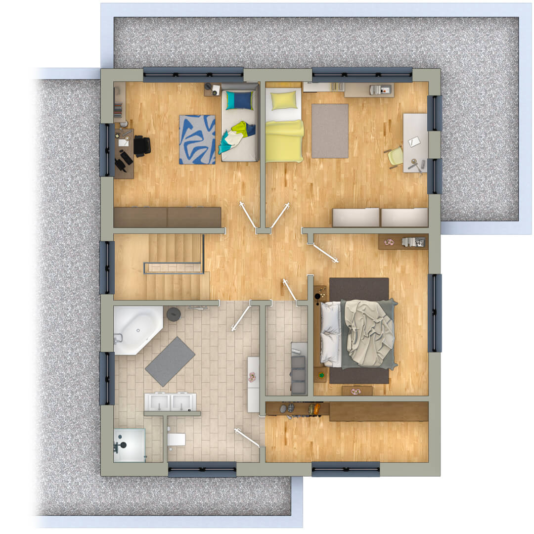Obergeschoss Stadtvilla: Familienbad, Ankleide und Wäscheraum