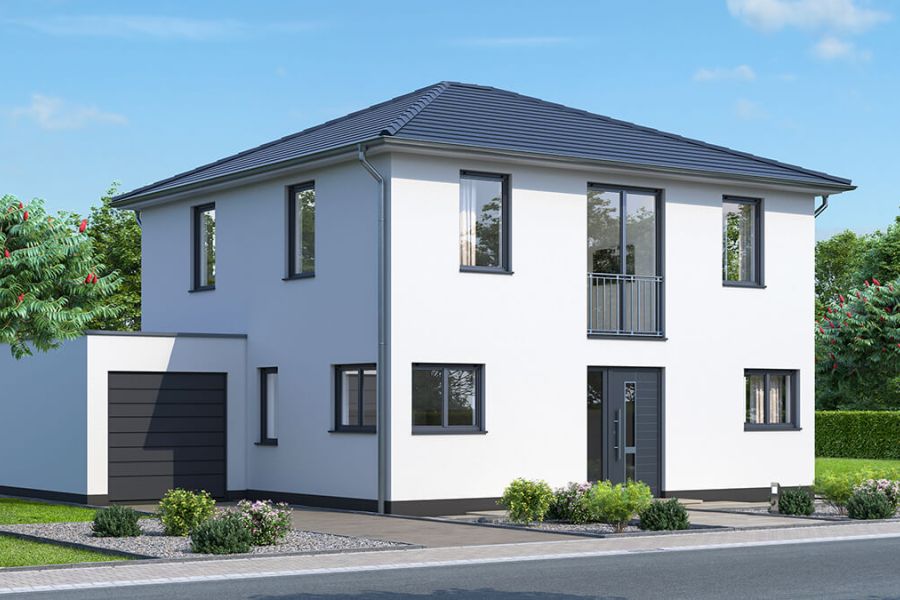 Stadtvilla mit Arbeitszimmer, offener Küche und Garage - Blick von der Straße